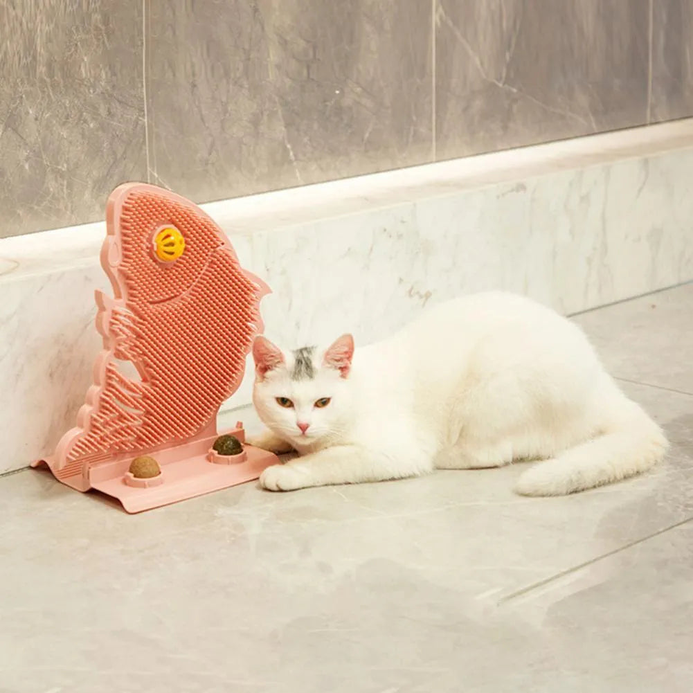 Cat toy fish-shaped wall scratcher with catnip ball and bell on wall, available in blue grey pink plastic 31cm