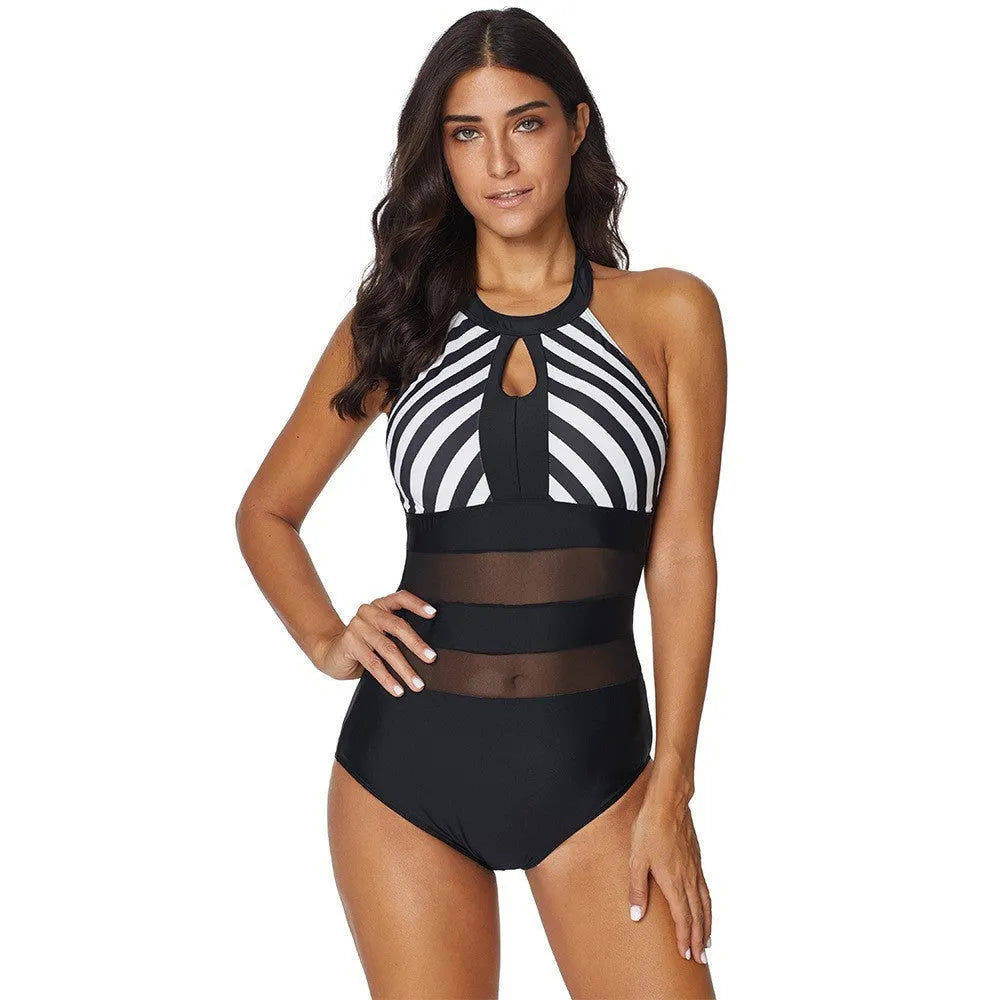 Plus size black backless one-piece swimsuit with striped stitching for women, polyester fabric