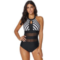 Plus size black backless one-piece swimsuit with striped stitching for women, polyester fabric