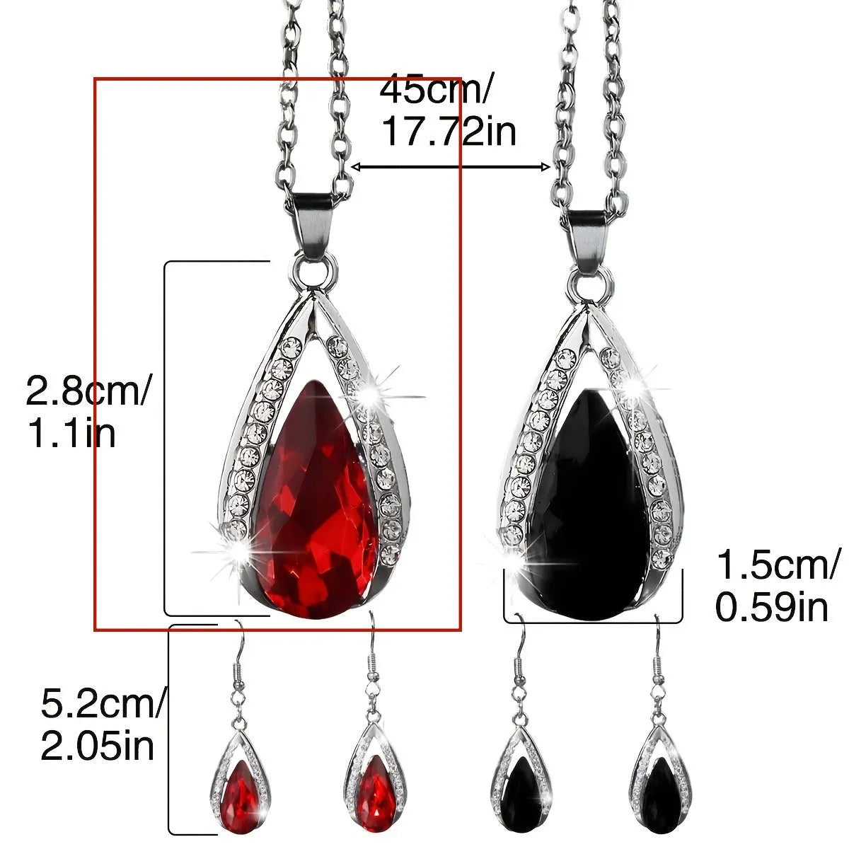 Black and red teardrop glass pendant necklace with matching earrings jewellery suite