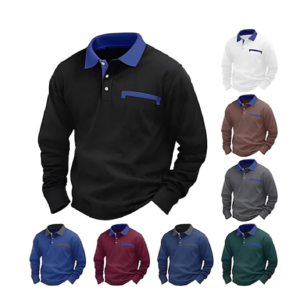 Man wearing a long-sleeved waffle texture polo shirt in a solid colour with a loose, retro fit.
