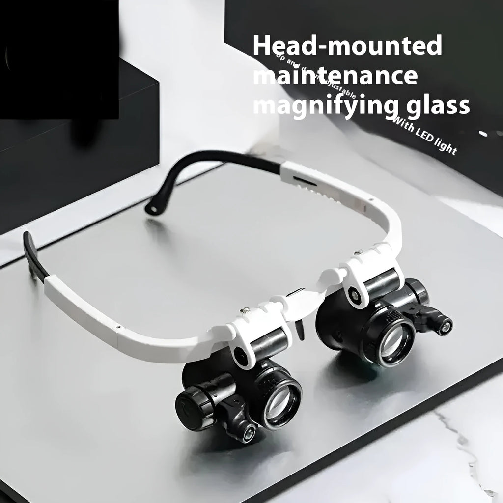 White head-mounted magnifying glass with LED light, shown folded and unfolded, for watch and circuit board repair.