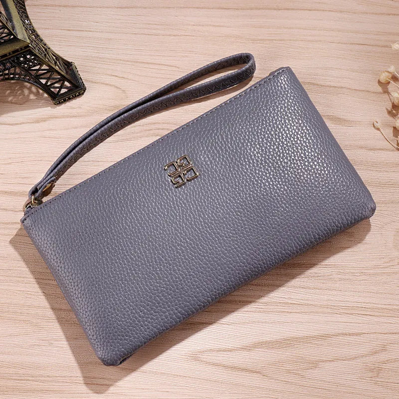 55cm long PU leather phone wallet handbag with zipper in solid colour