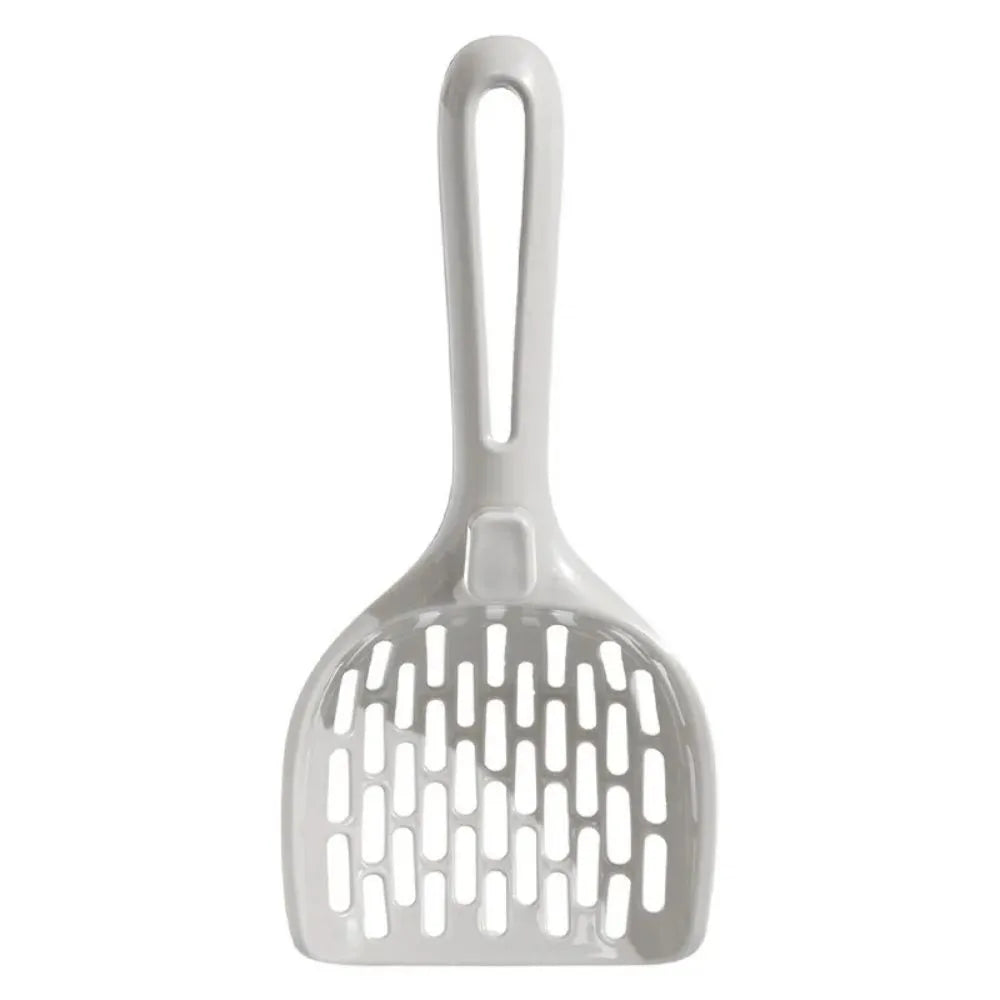 Gray plastic cat litter scoop with matching base for self-cleaning kitten toilet maintenance
