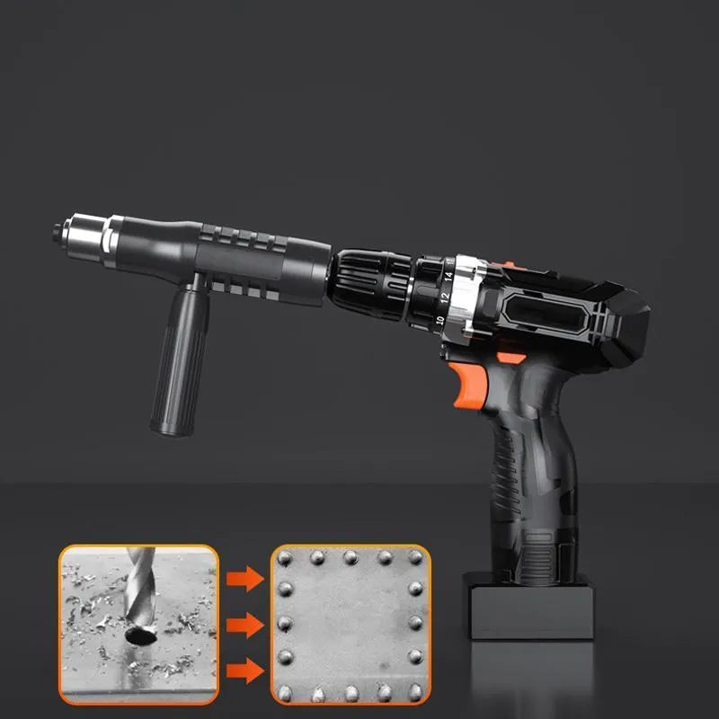 Alloy steel rivet gun adapter for electric drill with four rivet heads, handle, and wrench