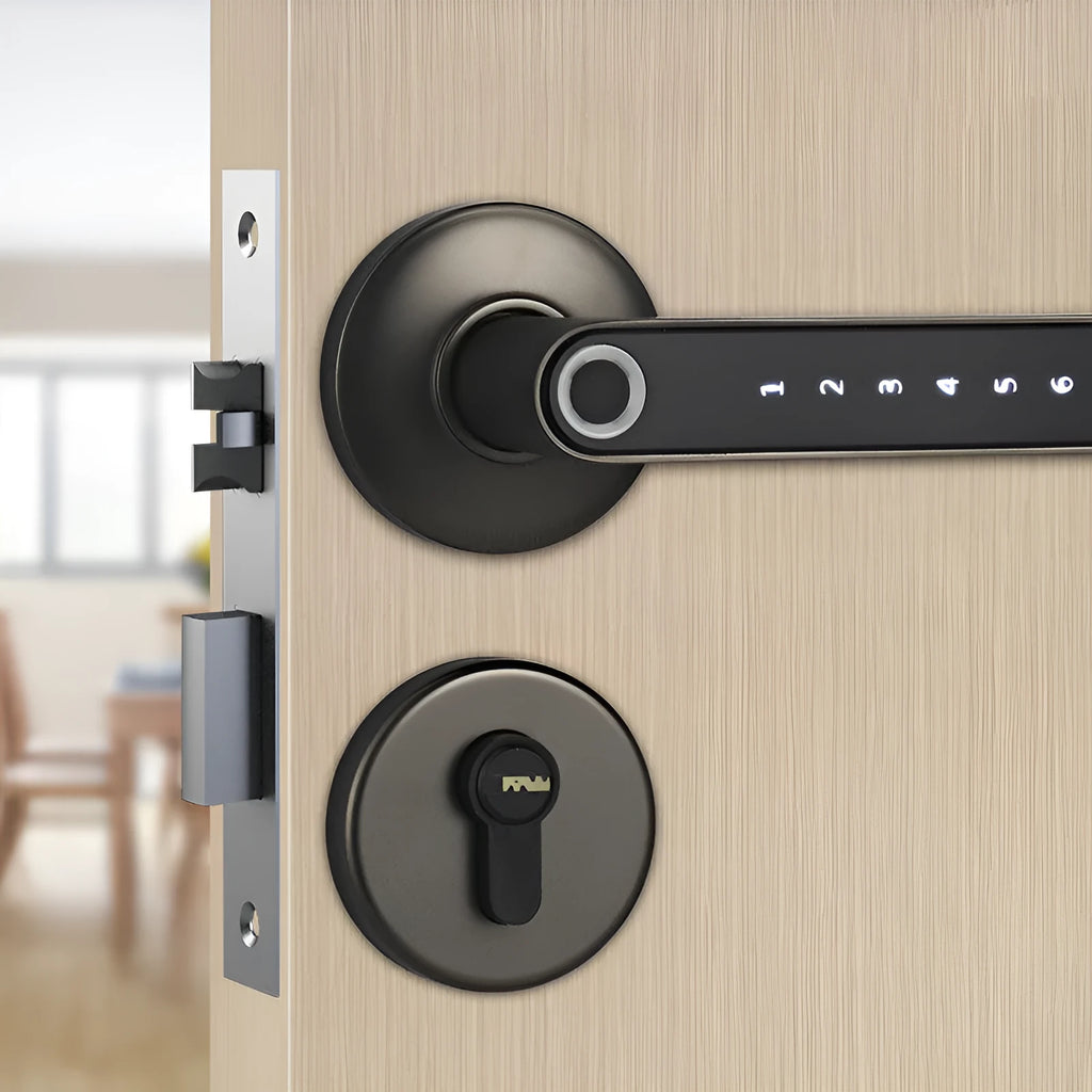 Black alloy smart lock with fingerprint sensor and keypad on a door handle for keyless home security