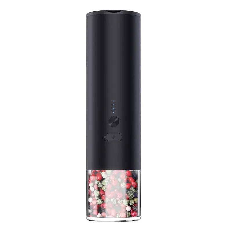 Rechargeable electric pepper and salt grinder with LED light and stainless steel top on white background