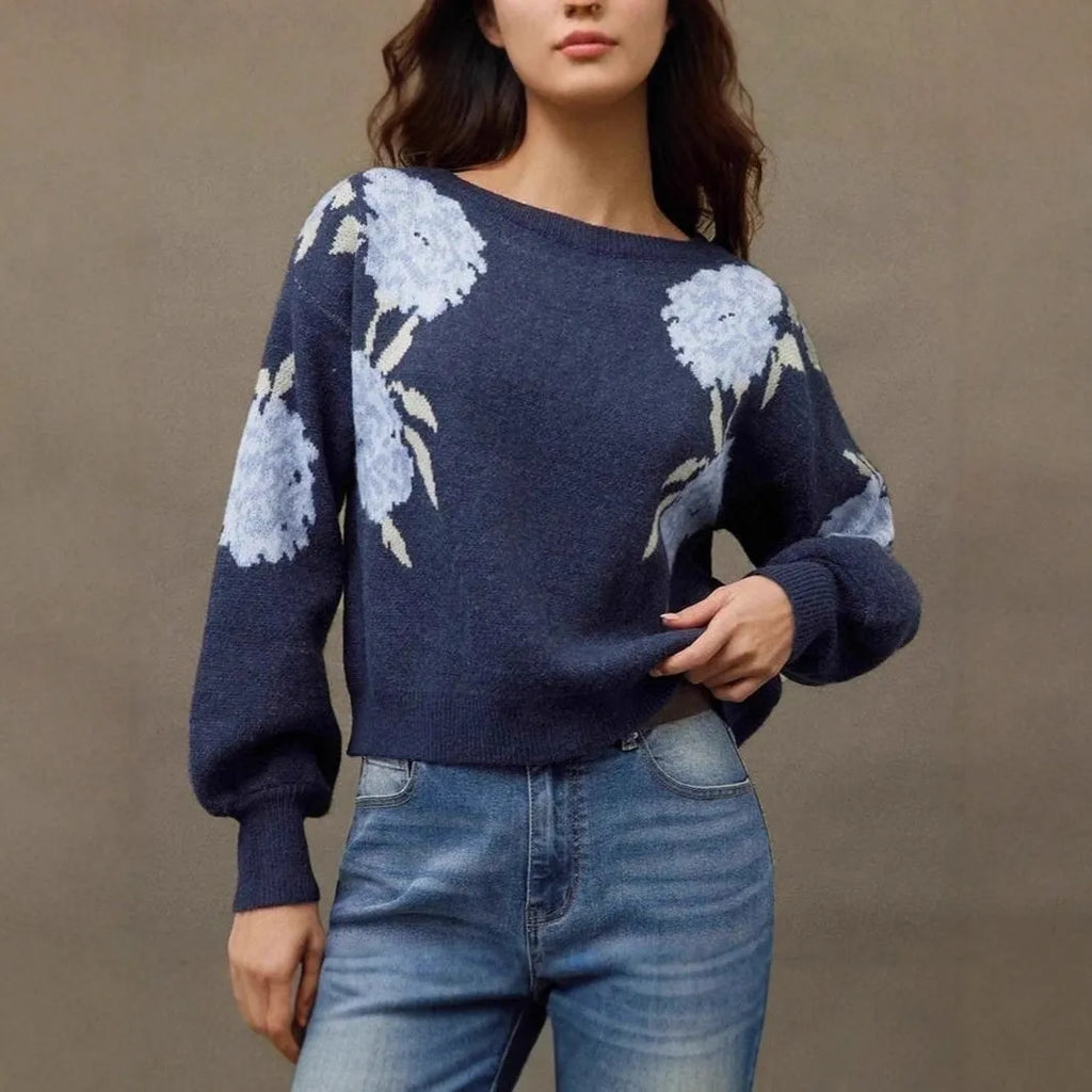 Sapphire blue women's pullover with woven floral jacquard pattern, loose casual fit.