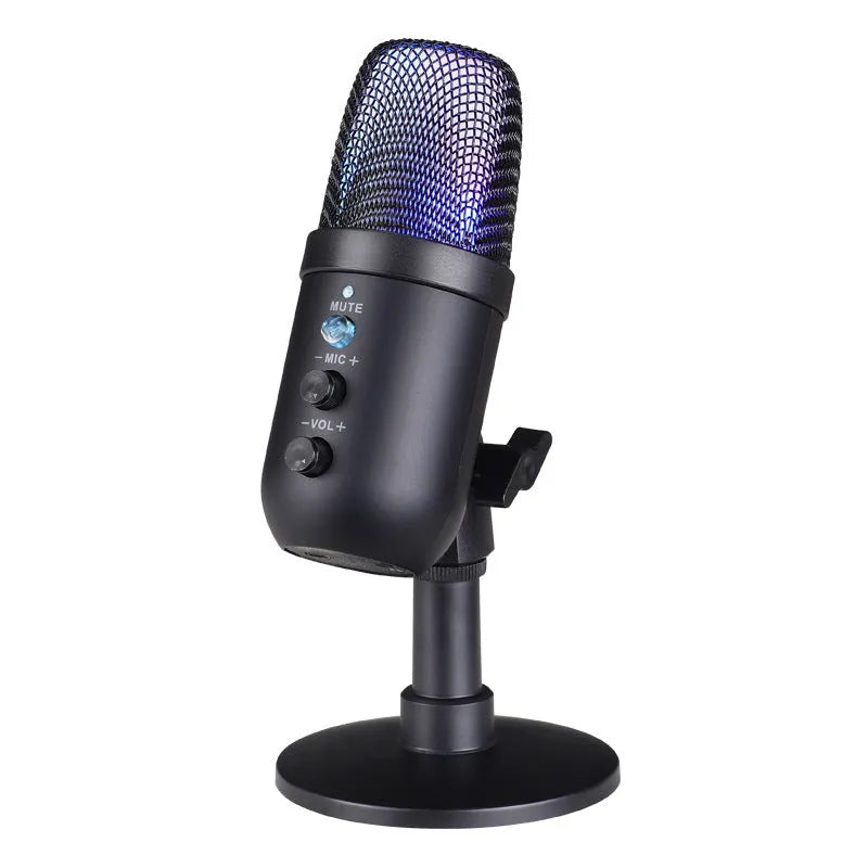 Black USB microphone with RGB lighting on a desktop for live karaoke and recording