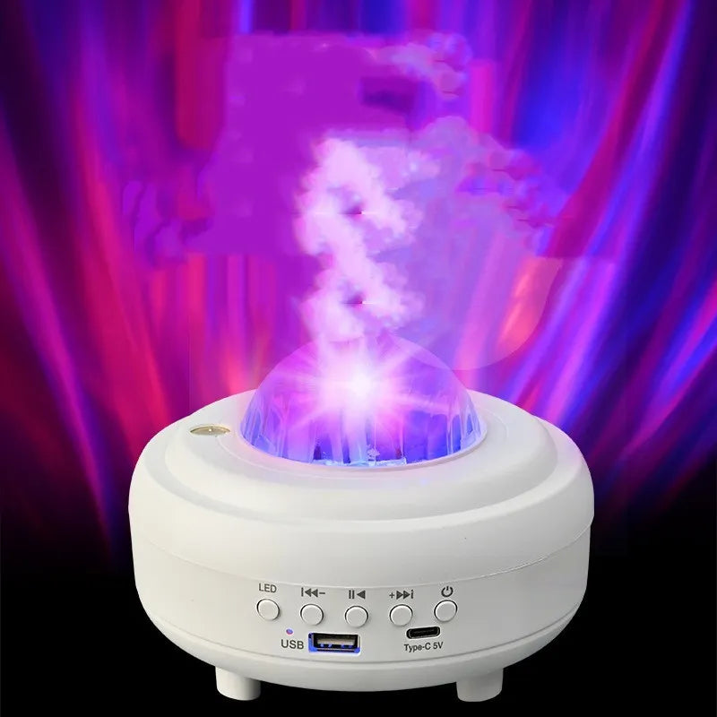 Galaxy star projector night light showing starry sky effects with 7 light patterns and a 5W speaker in white rechargeable finish
