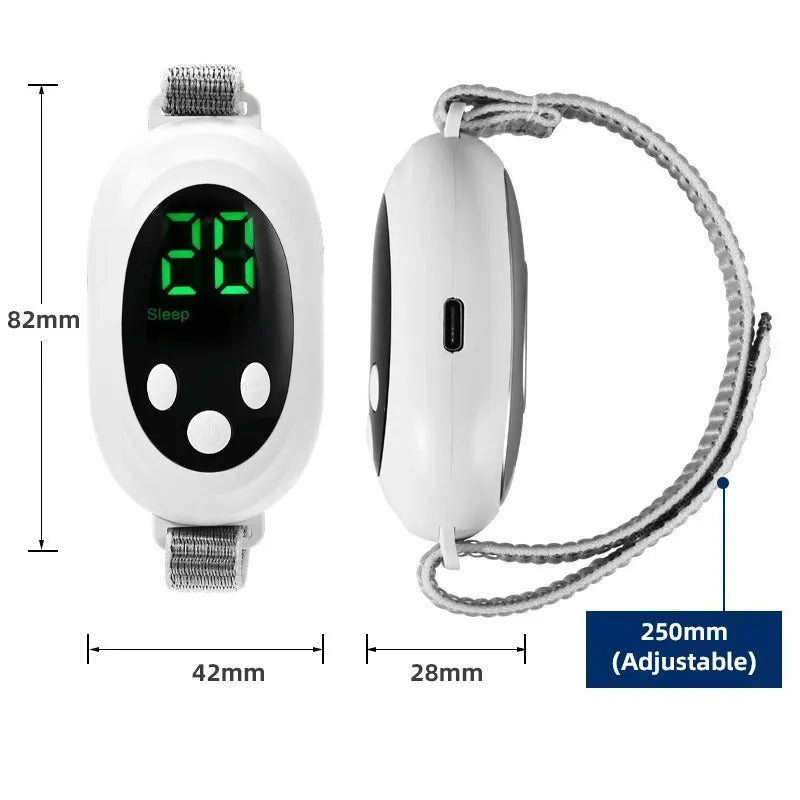 White sleep aid device with handheld remote control showing intensity adjustment buttons and USB charging port