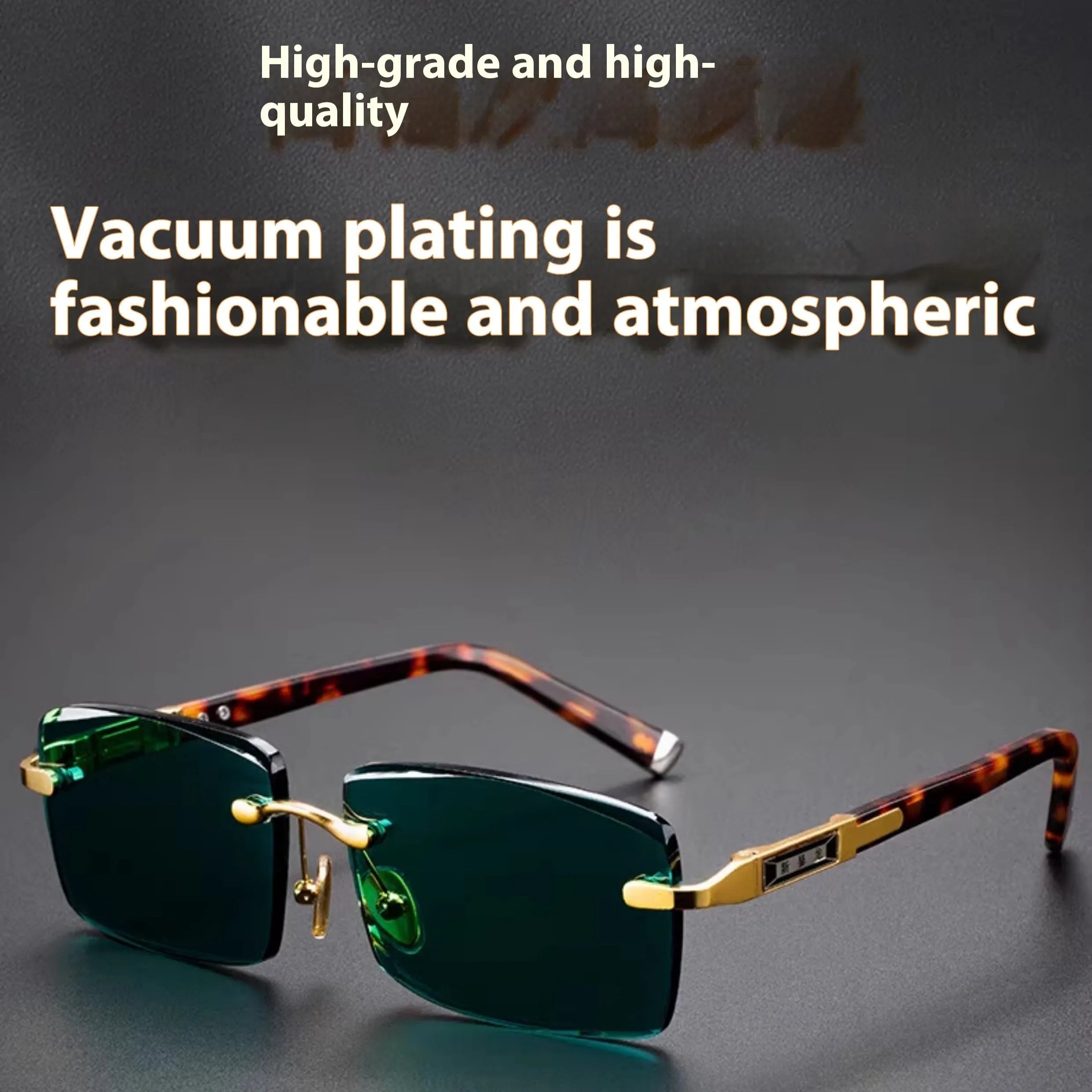 A pair of frameless rectangular sunglasses with dark green crystal lenses, a case, and a lens cloth.