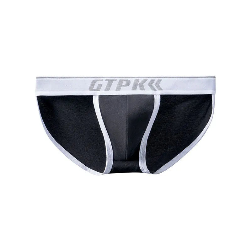 Men's low waist cotton high fork briefs in solid colour, front view, showing leg cut and waistband