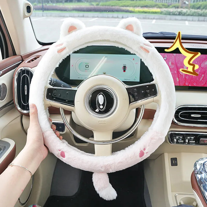 Plush car steering wheel cover with embroidered cartoon animal design for winter