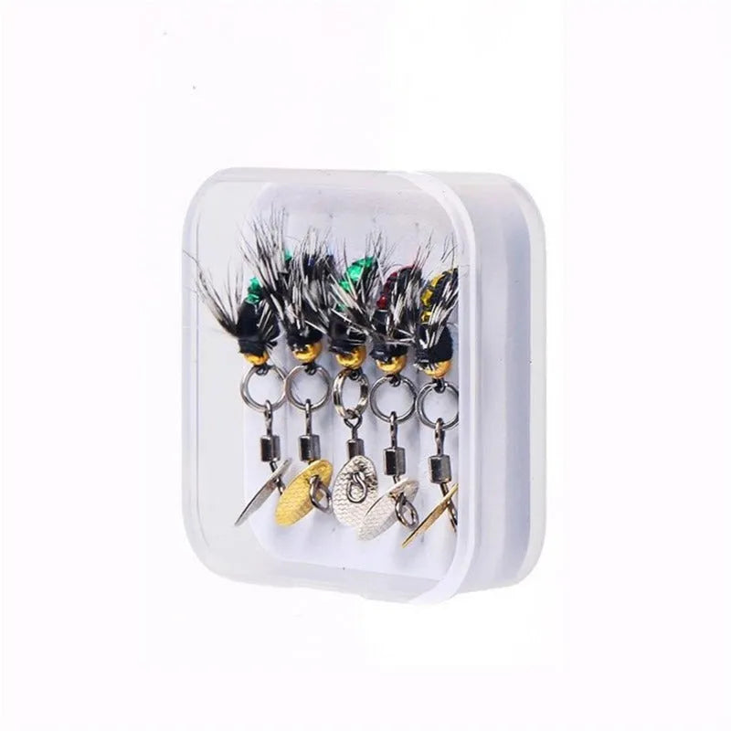 Five bionic fishing hooks with spinning sequins in multicolour mosquito and fly patterns