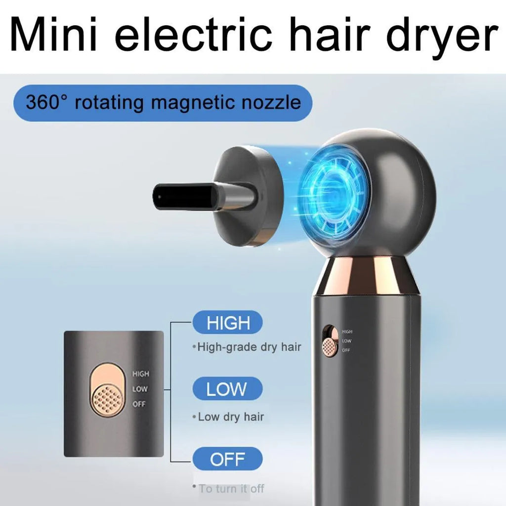 Compact leafless hair dryer with diffuser attachment showing negative ion technology and two heat settings