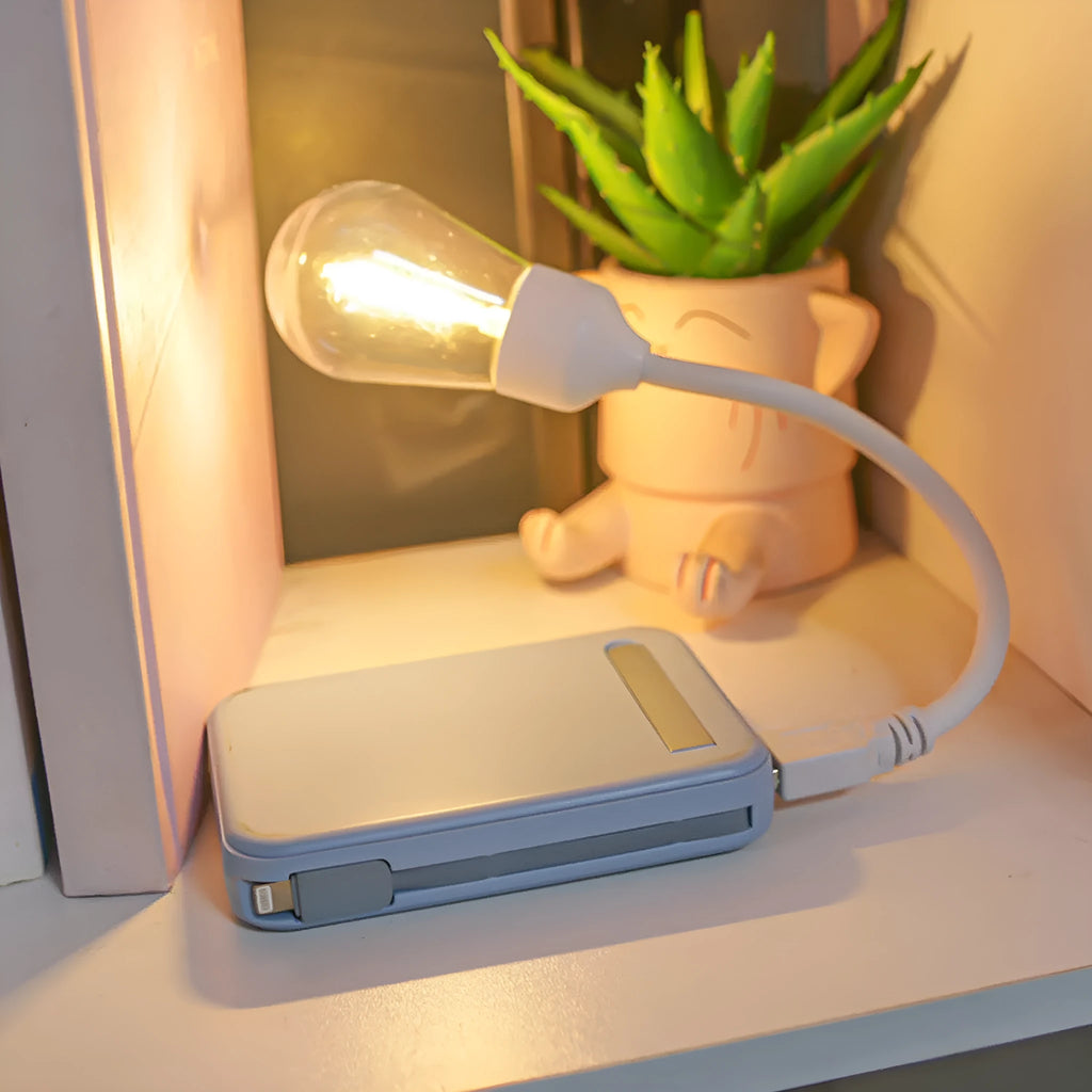 USB rechargeable folding night light with warm white tungsten bulb, shown in open and closed positions.