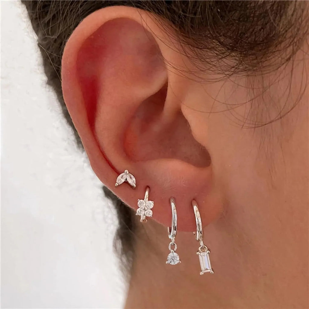 Women's geometric square earrings with zircon detailing in gold or silver electroplated copper
