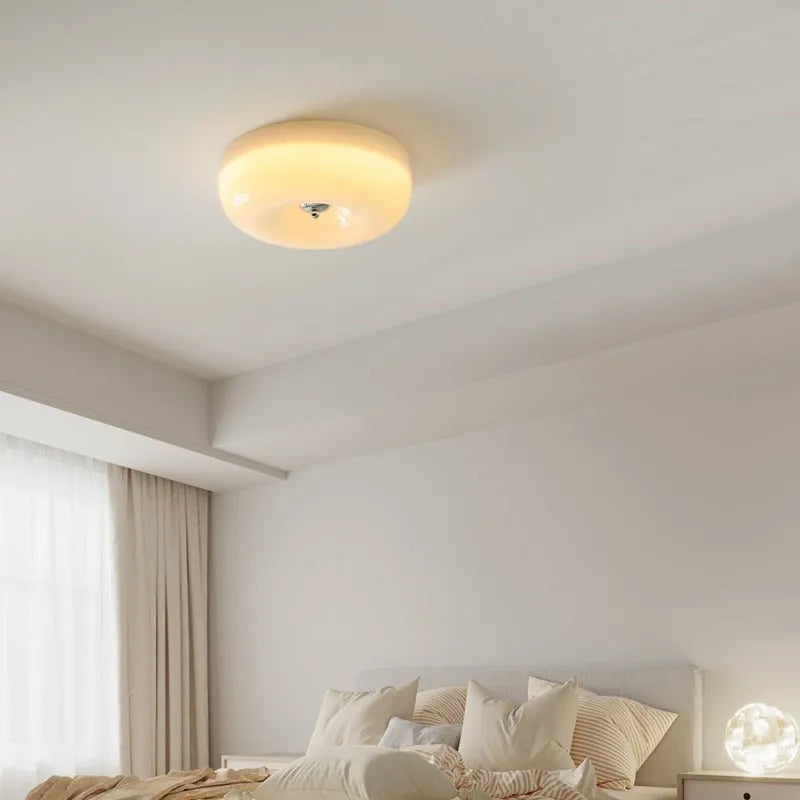 Cream coloured American style bedroom ceiling lamp with three-colour lighting, shown in 30cm and 40cm diameter options