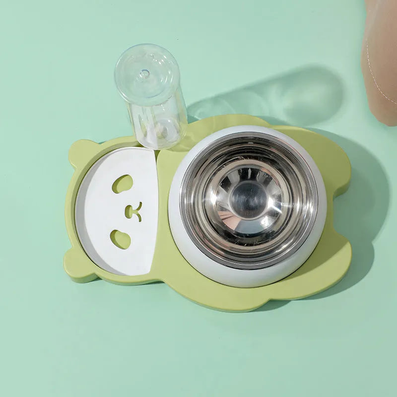 Grey panda-shaped elevated pet bowl set with automatic water dispenser and tilted stainless steel food bowl