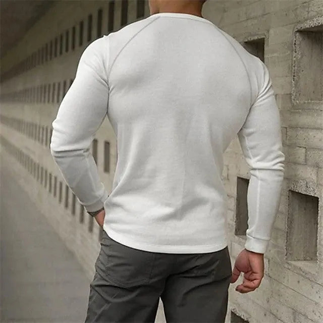 Men's Henry collar long-sleeved t-shirt in white, showing stitching craft detail and pullover style