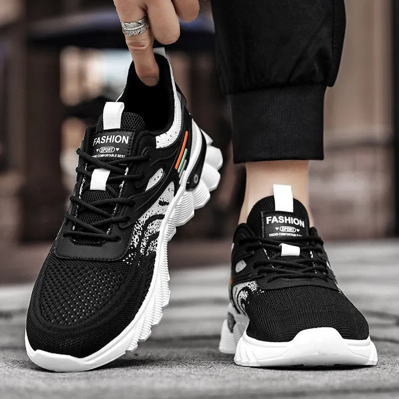 Men's white blue platform casual sports shoes with mesh upper and rubber sole