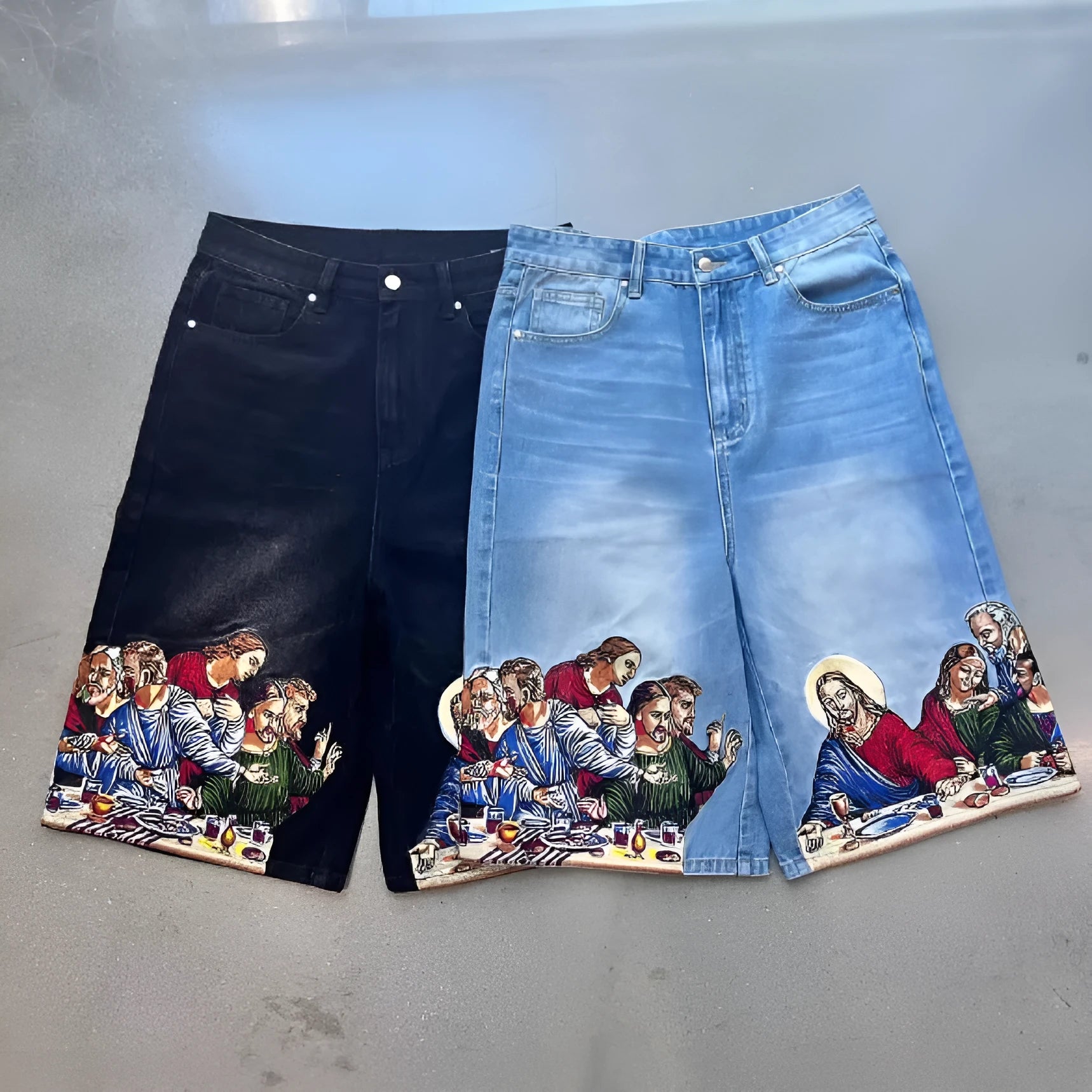 Men's cotton tapered shorts with Jesus printed back pocket in black and blue colour options