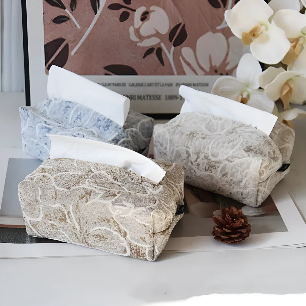 Cotton fabric decorative tissue box cover with drawer in beige, blue, or brown colour