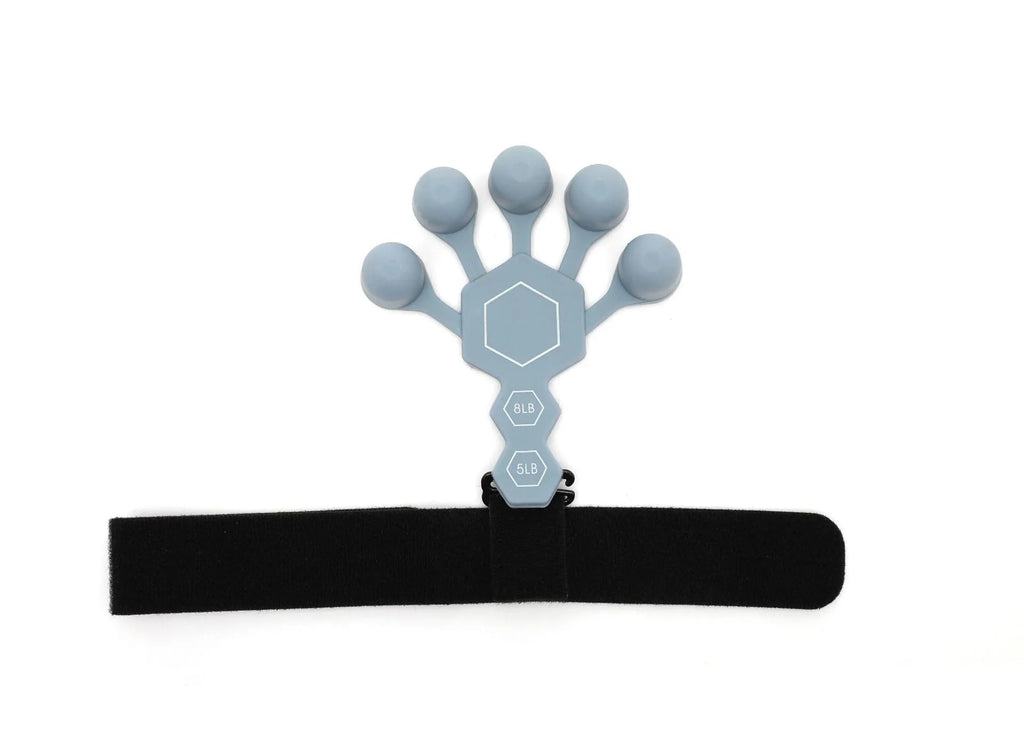 Gray silicone 5-finger rehabilitation hand trainer for grip strength exercises on a plain background