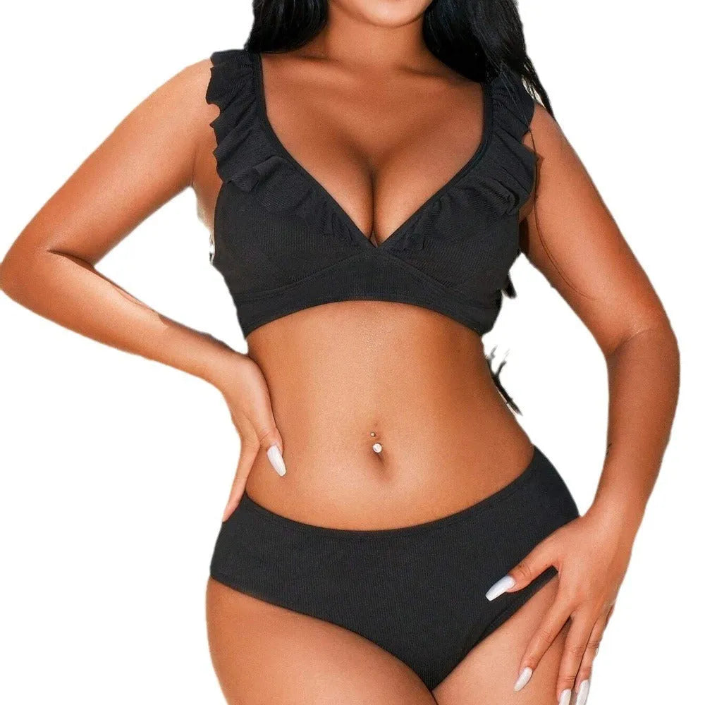 Women's striped split bikini set in black and white with high elasticity and quick-drying fabric