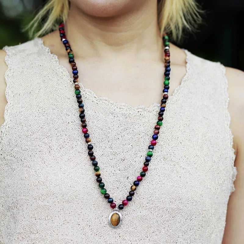 Natural stone tiger-eye 108 pendants necklace bracelet 6mm beads unisex meditation jewellery with wings crown heart design