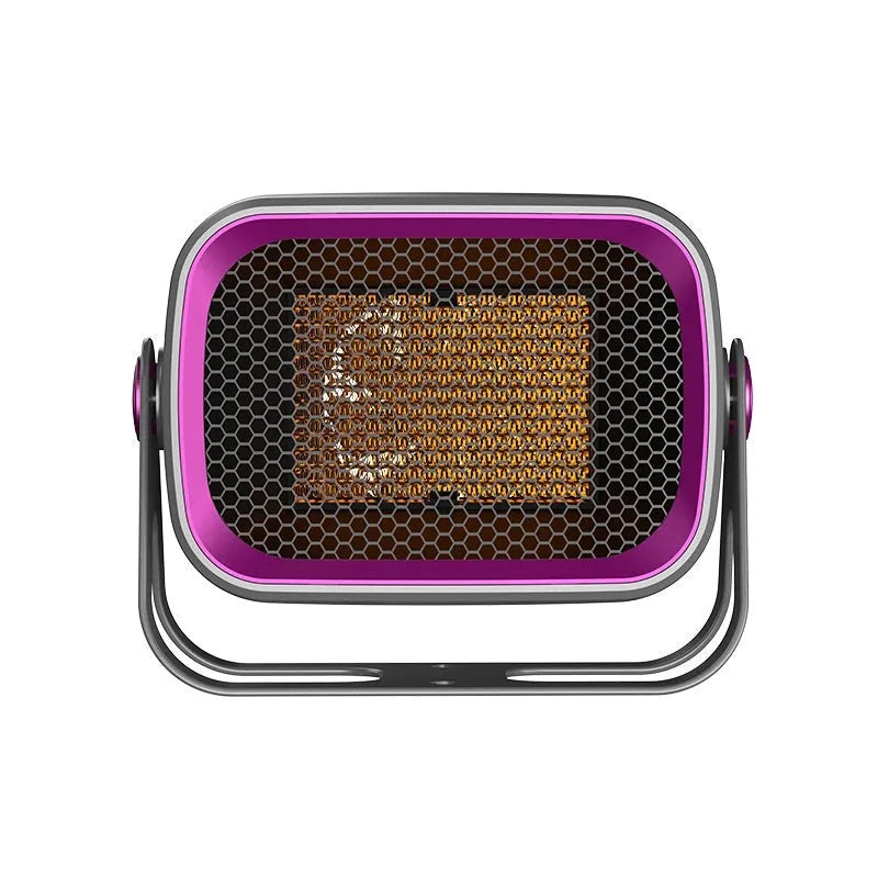 White desktop ceramic fan heater with rotatable base on a wooden table.