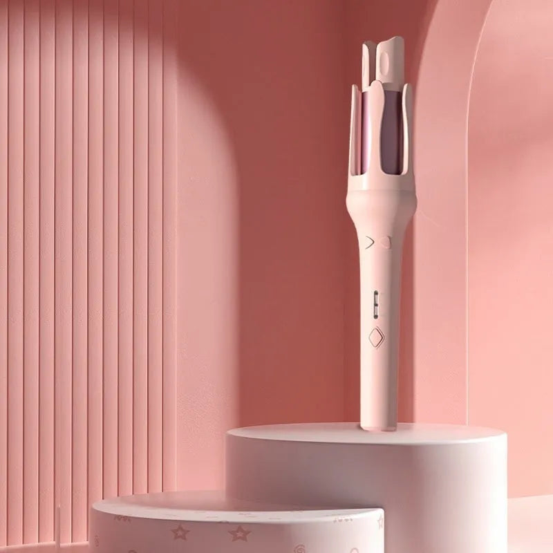 32mm automatic hair curler in pink or purple with UK voltage rating and plug adapters