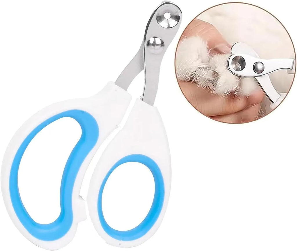 Blue professional pet nail clippers with circular safety hole and non-slip handle.