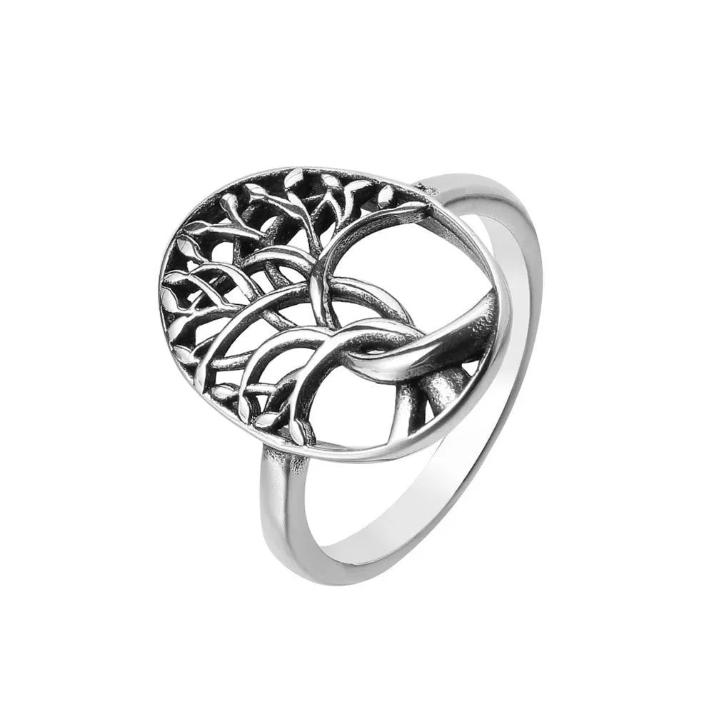 Retro Tree of Life design on a men's titanium steel ring shown in picture colour