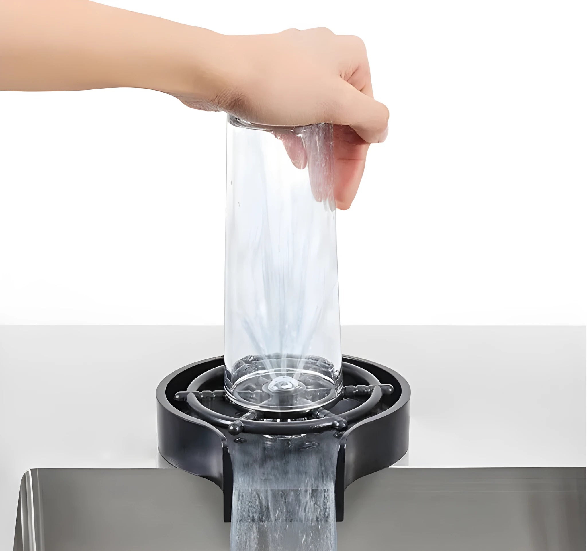 Stainless steel glass washer with black ABS base and copper hose for commercial cleaning
