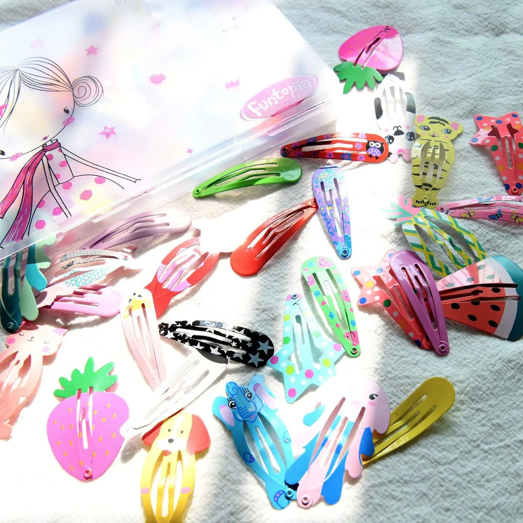 100 assorted metal snap hair clips for girls in candy colours with cartoon animals, fruits, crowns, and star designs