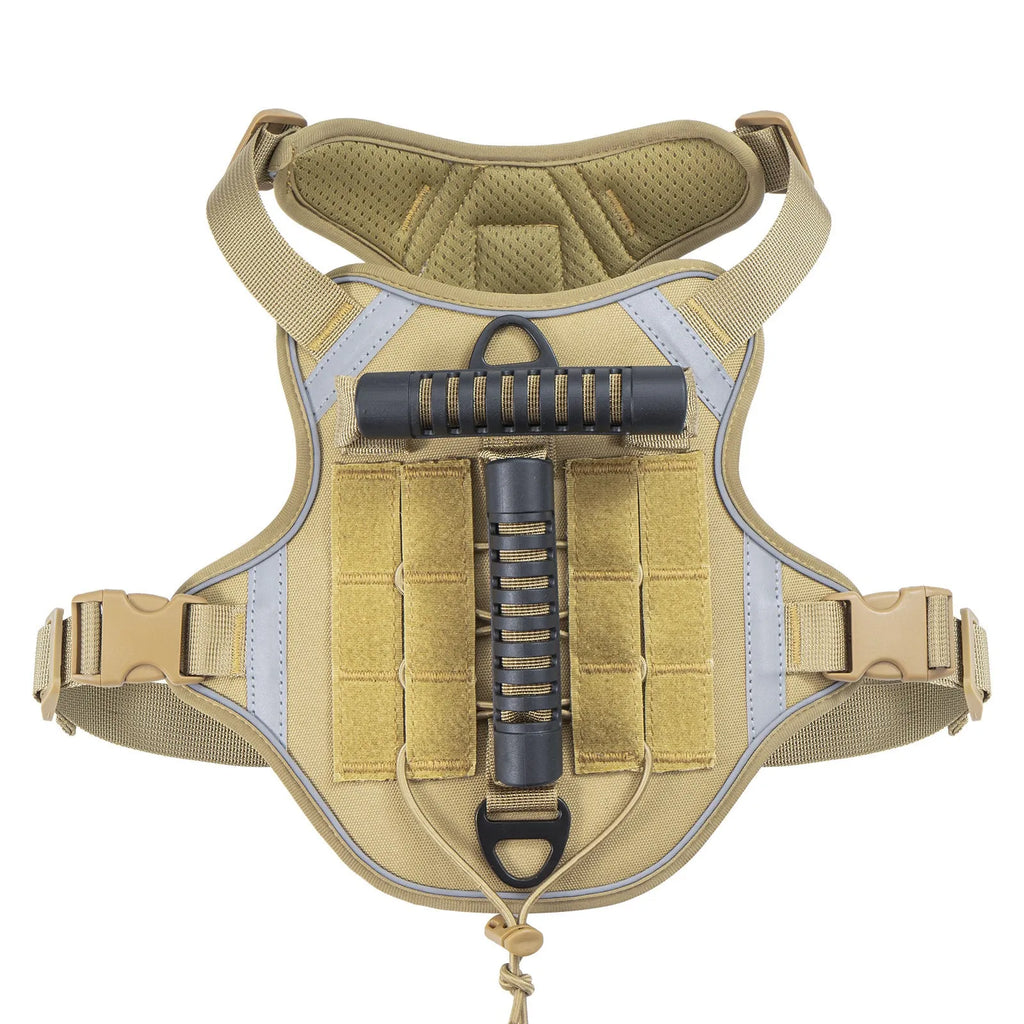 Tactical dog chest harness with back handle, reflective polyester, available in black, army green, desert yellow, and camouflage
