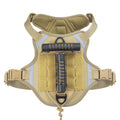 Tactical dog chest harness with back handle, reflective polyester, available in black, army green, desert yellow, and camouflage