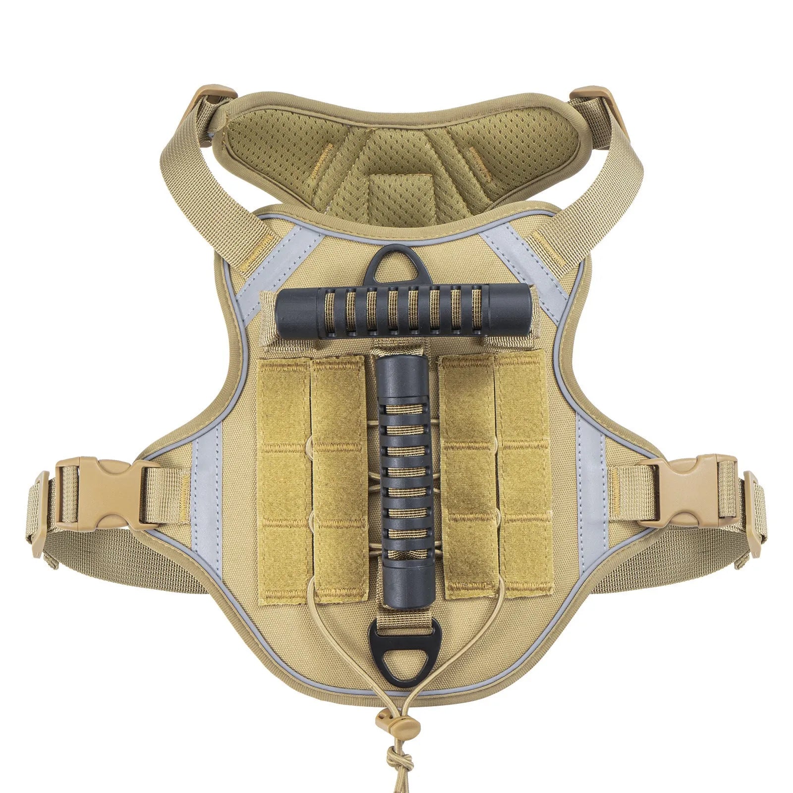 Tactical dog chest harness with back handle, reflective polyester, available in black, army green, desert yellow, and camouflage
