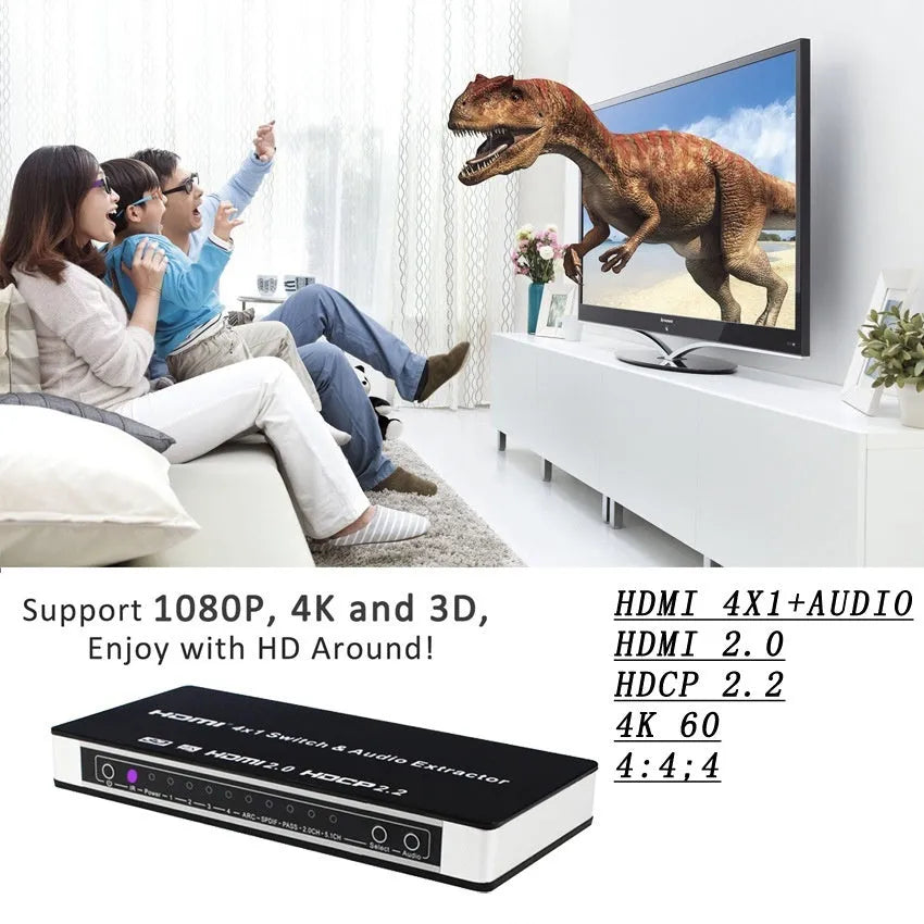 Black HDMI video switch with four inputs and one output, remote control, and power adapter