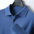 Men's grey woolen pullover sweater with a polo collar, shown on a model.