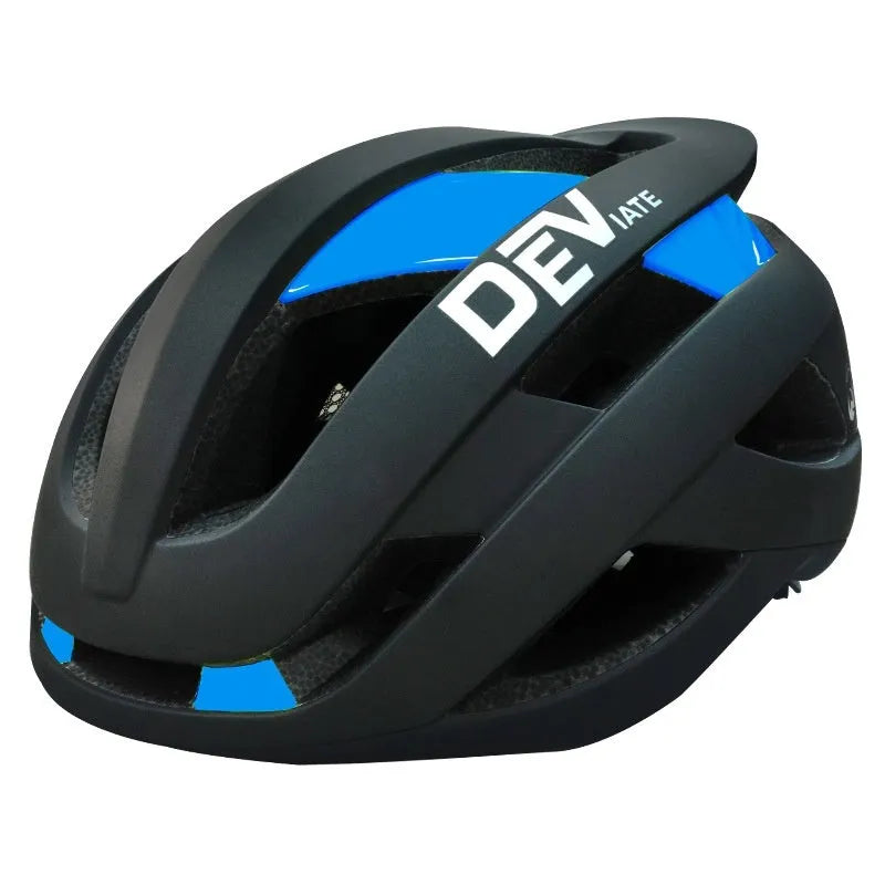 Unisex adult bicycle helmet in matte black and blue colour, with adjustable dial and EPS PC construction
