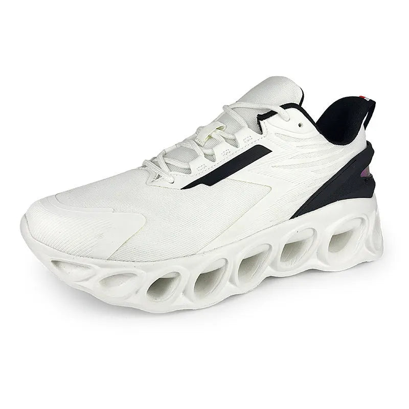Men's black breathable low-top casual sports shoes with mesh upper and white EVA sole on a plain background.