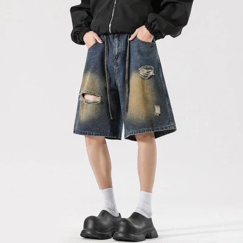 American High Street make old ripped jeans in retro blue cotton denim, loose fit, street style, seven sizes S to 3XL