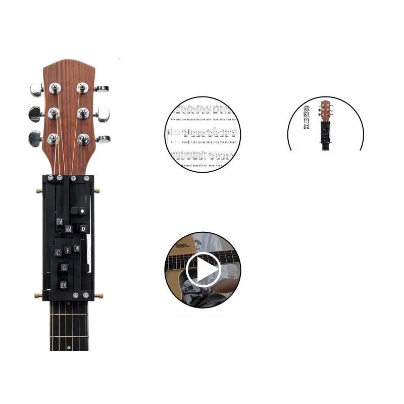 Black guitar chord changer device with automatic gear mechanism for beginner practice