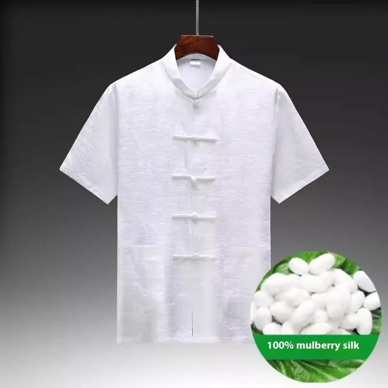 Traditional Chinese mulberry silk Tang suit for men in light green colour with classic tailoring