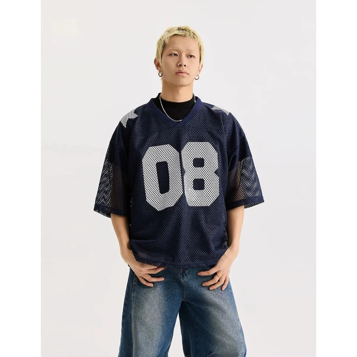 Half sleeve pullover shirt with letter pattern in black and navy blue colours, loose fit design