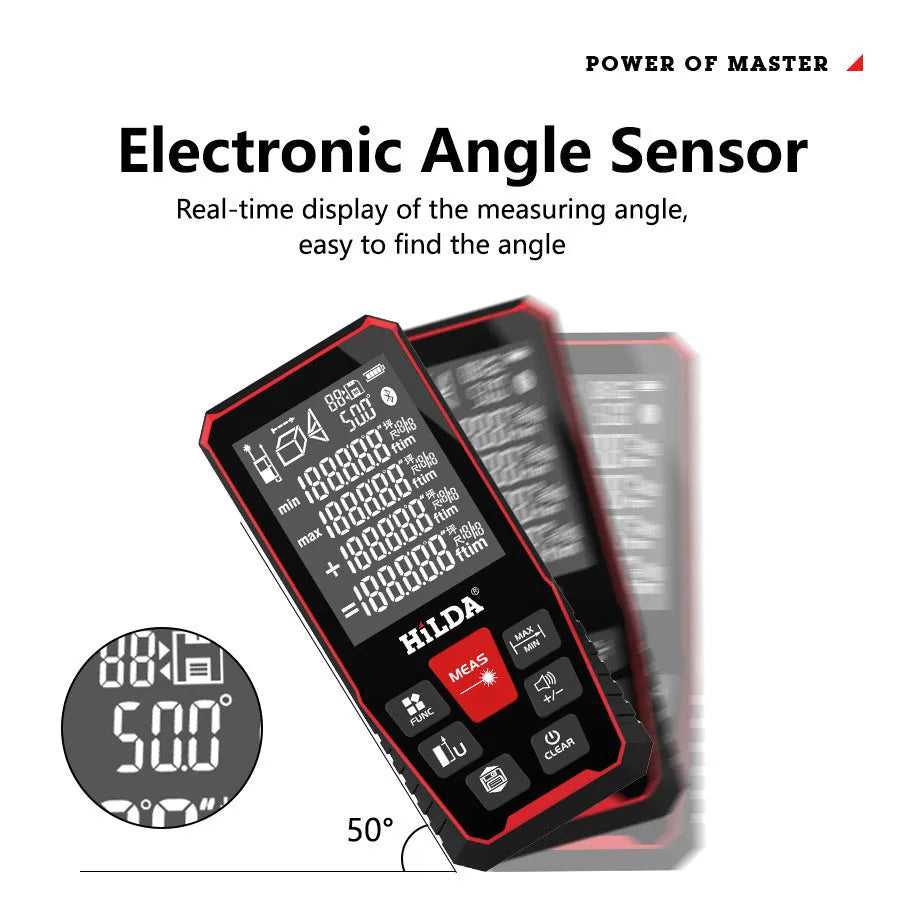 Handheld laser rangefinder for building measurement with plastic housing showing laser point display