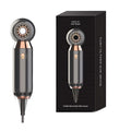 Compact leafless hair dryer with diffuser attachment showing negative ion technology and two heat settings